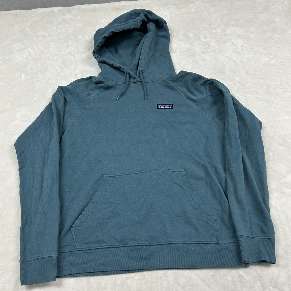 Patagonia P-6 Label Ahnya Hoodie mens M Blue Organic Cotton Pullover